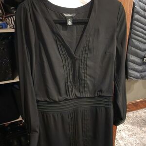 White House Black Market Black Pleated Long Sleeve Dress Corporate GOTH